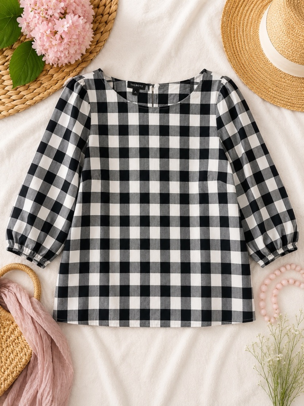 Talbots Buffalo Check Cotton Poplin 3/4 Sleeve Top Small